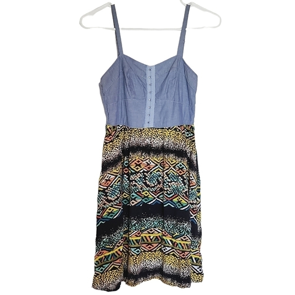 2104 * No Boundaries Chambray Aztec Pattern Sundress Blue Black Size S (3/5)